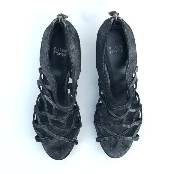 Eileen Fisher Cage Strappy Leather Wedge Sandal Metallic Grey Black Sz 9 - Picture 8 of 13